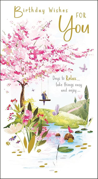 Tarjeta de cumpleaños femenina para ella – Tarjeta general para mujer – Diseño escénico de árbol de flores – Acabados especiales y hoja de inserción ilustrada – Fabricado en el Reino Unido
